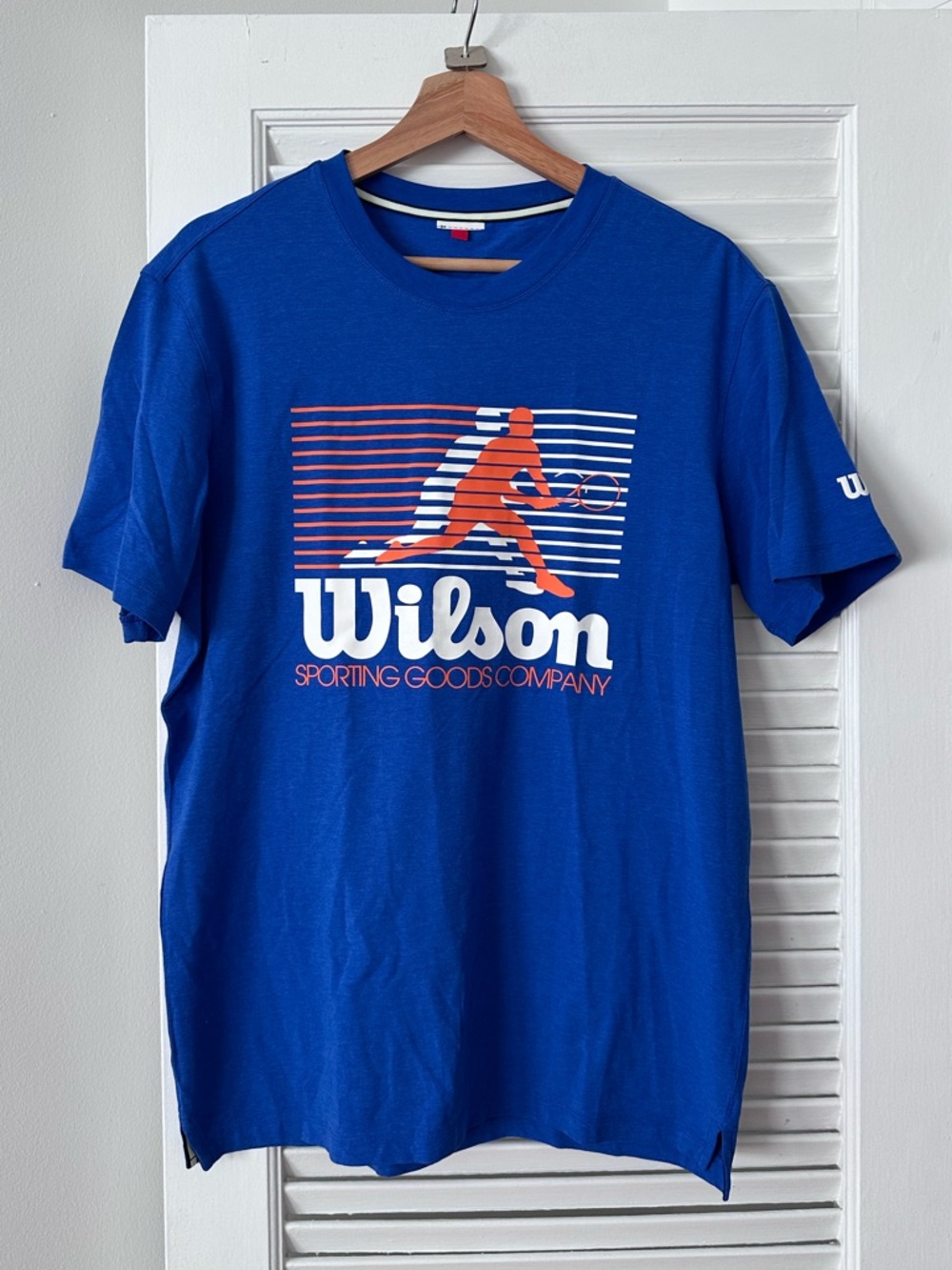 Wilson retro tennis graphic tee, royal blue, W logo on sleeve, cut neck label